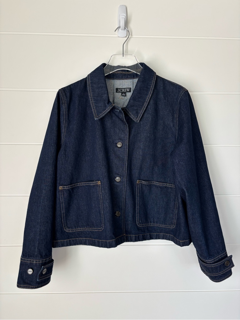 J. Crew Denim Barn Jacket Cropped in Denim Rinse Women's Size Large - Picture 13 of 14